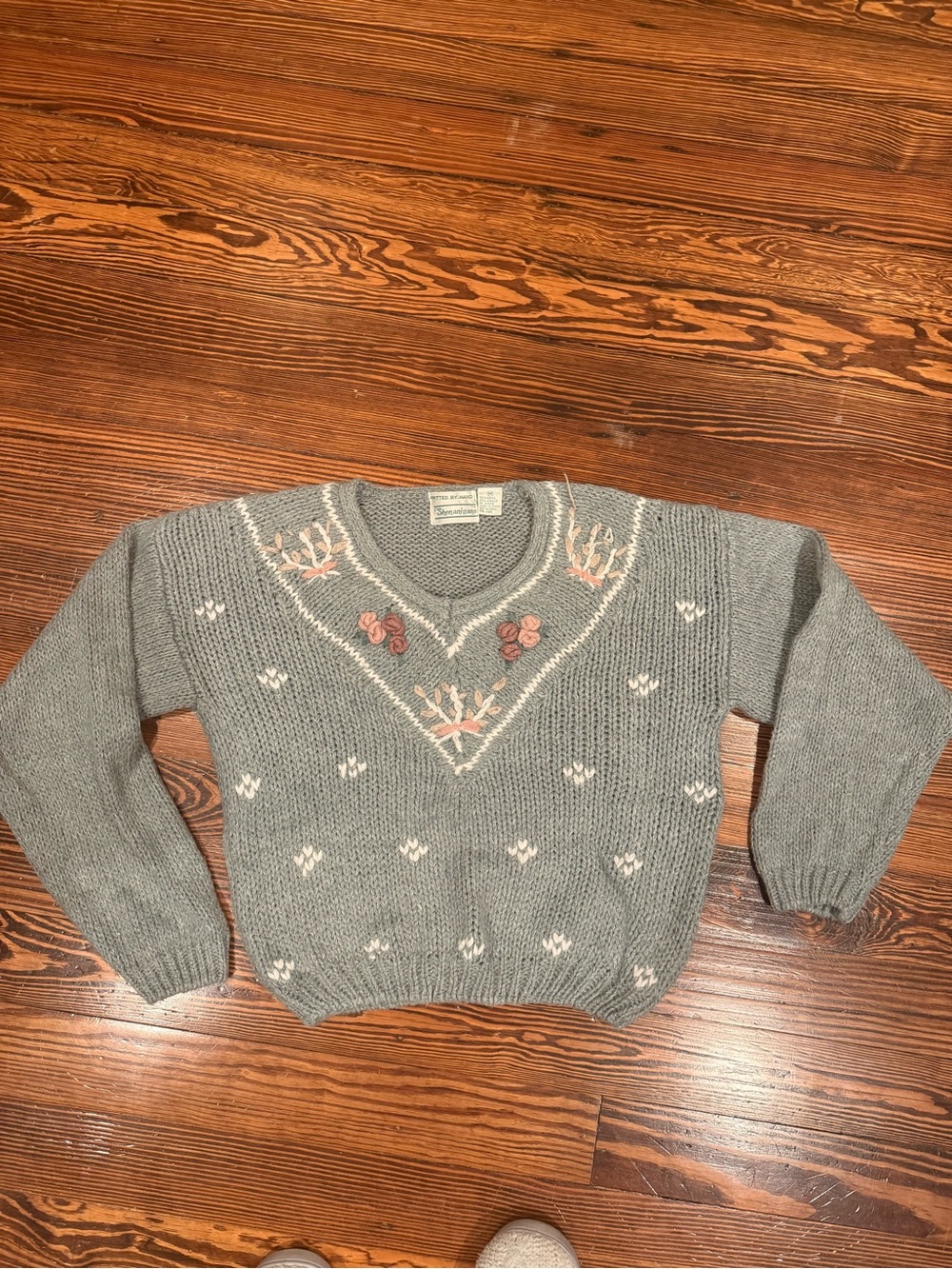 Grayish Teal hand Embroidered V-Neck Women's Sweater